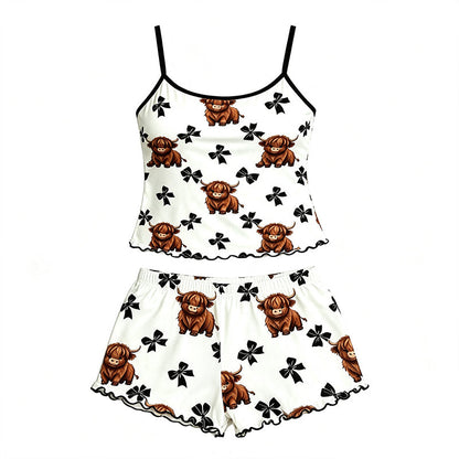 🌸✨ Set Pigiama con Canotta a Spalline - Motivo Mucca delle Highlands 🐄😴 | Tessuto Morbido | Bordi a Volant | Taglia S-XL | -50% 🔥