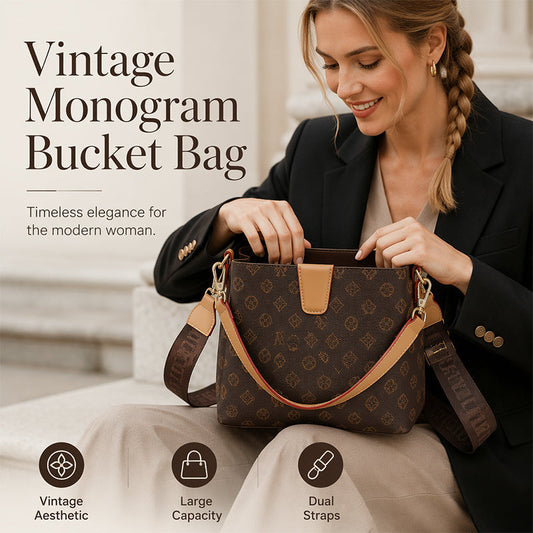 👜 Borsa Secchiello Donna con Monogramma Vintage in Ecopelle ✨🌙 - Interno Spazioso | Tracolla Regolabile | Resistente all’Acqua | 2 Colori | Dal Giorno alla Notte | 50% DI SCONTO