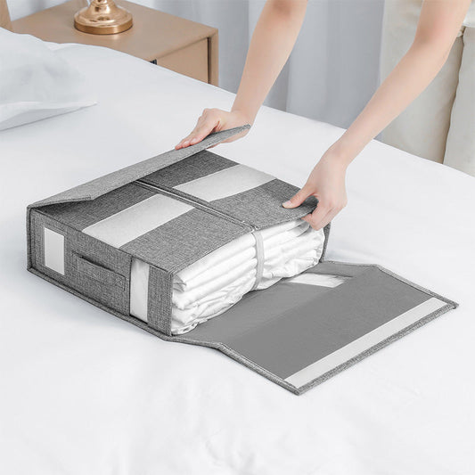 🛏️ Organizer Pieghevole per Lenzuola e Biancheria ✨ | Scatola Salvaspazio per Armadio con Finestra 👀 | Tessuto Traspirante con Cerniera e Maniglia 📦 | 3 Colori Eleganti