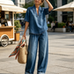 👖 Set Denim Estivo da Donna - Top Scollo a V + Pantaloni a Gamba Larga ✨👍 - 2 Pezzi | Tessuto Premium | Taglie S-3XL | 2 Colori | Casual & Chic | 60% DI SCONTO