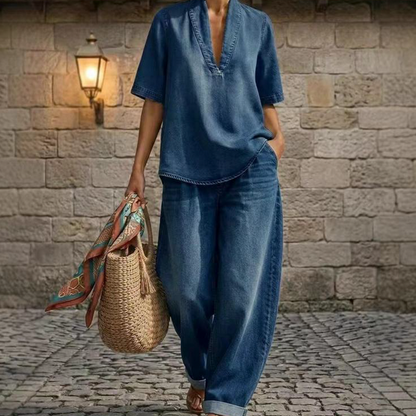 👖 Set Denim Estivo da Donna - Top Scollo a V + Pantaloni a Gamba Larga ✨👍 - 2 Pezzi | Tessuto Premium | Taglie S-3XL | 2 Colori | Casual & Chic | 60% DI SCONTO