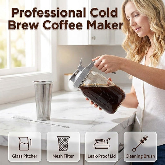 ☕ Brocca per Cold Brew con Coperchio e Filtro in Acciaio Inox ✨🥤 - 32 o 64 oz | 7 Colori | Manico Ergonomico | Facile Pulizia | Vetro + PP | 50% DI SCONTO