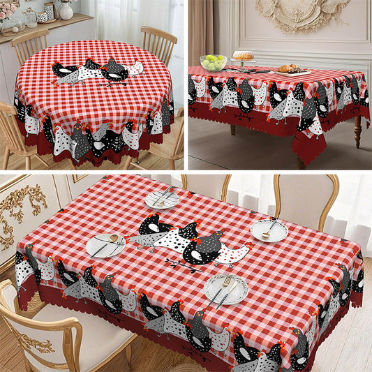 🐓🍽️ Tovaglia in Poliestere a Quadri Rossi con Motivo Gallo – Bordo Ondulato, Anti-Macchia, 2 Stili, 4 Misure: Rotonda 152cm o Rettangolare fino a 152x305cm 🏡✨