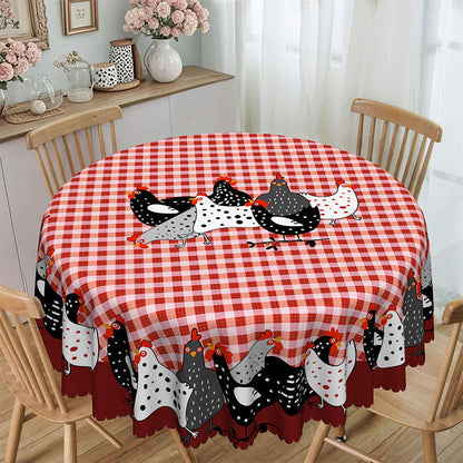 🐓🍽️ Tovaglia in Poliestere a Quadri Rossi con Motivo Gallo – Bordo Ondulato, Anti-Macchia, 2 Stili, 4 Misure: Rotonda 152cm o Rettangolare fino a 152x305cm 🏡✨