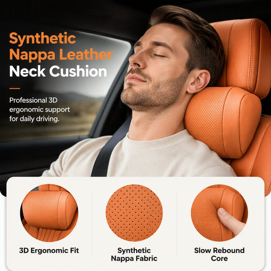 🚗Cuscino Cervicale per Poggiatesta Auto in Ecopelle Nappa - Memory Foam a Ritorno Lento | Supporto Ergonomico 3D | Vestibilità Universale | Ideale per Tragitti, Viaggi & Riposo 🛣️