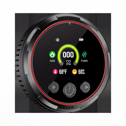 ⚠️🔍 Rilevatore 5 in 1 da Presa – CO, Gas, Fumo, Temperatura & Umidità – Display LCD, Batteria 1000mAh, Plug-and-Play 110-240V, Ø87mm – 2 Colori 🏠✨