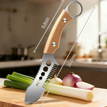 🥬 Coltello Tagliaverdure Multifunzione 🔪 Lama a Pettine per Julienne di Cipollotti e Porri, Squama-Pesce e Sgrana Erbe | Acciaio Inox 3CR13 con Manico in Faggio 19,8 cm ✨