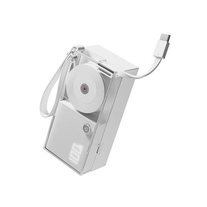 ⚡🔋 Power Bank 3 in 1 con Ricarica Rapida & Cavo Integrato – Design Trasparente Ispirato al Vinile, Cinturino da Polso, Compatto & Tascabile – 2 Colori: Bianco & Rosa ✨🎙️