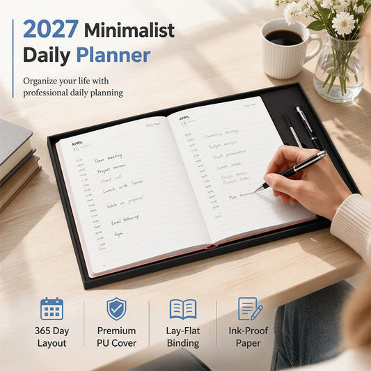 Agenda Giornaliera Minimalista 2027 📅 | Formato A5 in Pelle PU 📓 | Apertura Piatta a 180° 📖 | Perfetta per Organizzazione e Lavoro ✒️