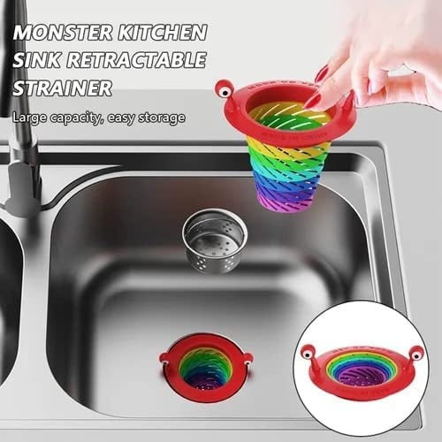 🧽✨ Filtro per Scarico del Lavello da Cucina – Design Mostro Pieghevole | Grande Capacità | Fori di Scarico Rotanti | Manico Integrato | Lavabile in Lavastoviglie | Ideale per Residui, Avanzi & Scarti 🍽️🌀