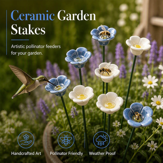 🌼 Fiori in Ceramica con Abbeveratoio per Api – Decorazione da Giardino | Supporto per Impollinatori | Facili da Installare | Blu & Bianco | Set da 5 🐝✨