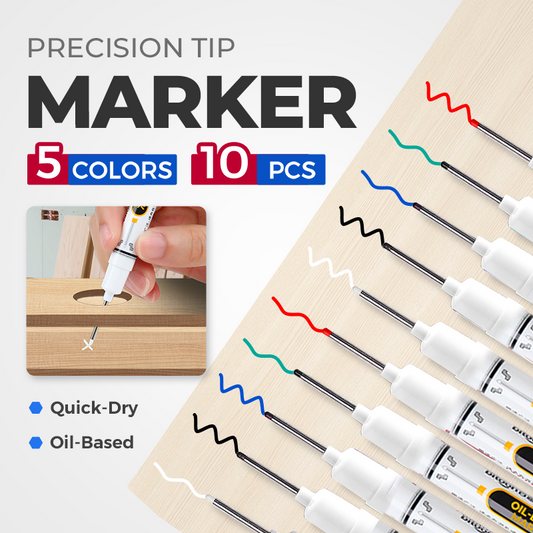 🖊️ Pennarello a Olio a Asciugatura Rapida | 🛠️ Punta Lunga di Precisione da 20 mm | 📏 Ideale per Fori Profondi, Legno, Metallo e Plastica | 💧 Resistente all'Acqua e allo Sbiadimento | 🎨 5 Colori Disponibili