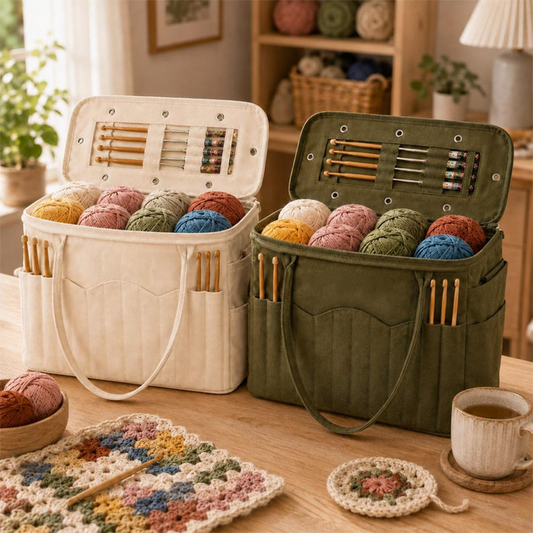 🧶Borsa Porta Filati e Ferri in Tela  | Fori Antigroviglio e Molteplici Tasche 🧵 | Perfetta per Lavoro a Maglia e Uncinetto Ovunque 👜 | Tela Resistente 🛠️