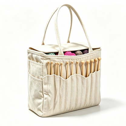 🧶Borsa Porta Filati e Ferri in Tela  | Fori Antigroviglio e Molteplici Tasche 🧵 | Perfetta per Lavoro a Maglia e Uncinetto Ovunque 👜 | Tela Resistente 🛠️