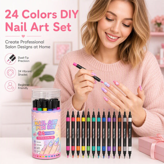 Set Penne per Nail Art a Doppia Punta 💅 | 24 Colori Vibranti 🎨 | Tratti Precisi e Riempimento Fluido ✨ | Ideale per Manicure Fai da Te 💖