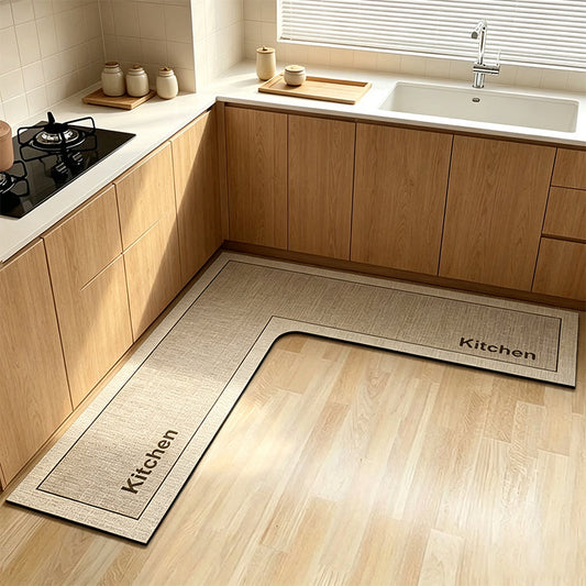 🍳 Tappeto da Cucina a Forma di L | Asciugatura Rapida e Base Antiscivolo | Assorbe Acqua e Olio | In Farina Fossile | Grigio Scuro e Beige 💧