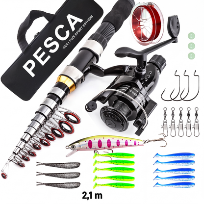 🎣Kit da Pesca Completo Portatile  | Canna Telescopica in Fibra di Vetro 💪 | Mulinello Fluido ed Esche Incluse 🐟 | Ideale per Viaggi e Campeggio 🎒