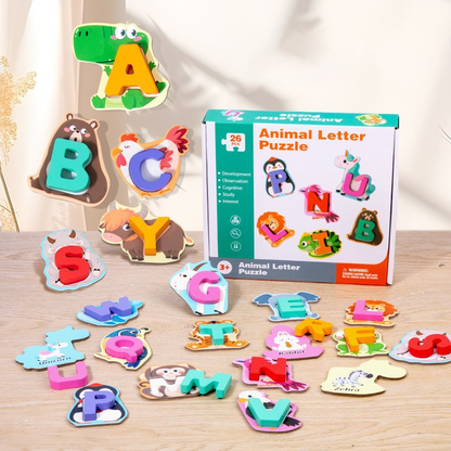 🧸 Giocattolo in Legno con Lettere e Animali da Abbinare | Impara l'Alfabeto Giocando 📚 | 26 Pezzi con Illustrazioni di Animali Colorate 🐶 | Bordi Lisci e Materiali Sicuri 🛡️ | Consigliato dai 3 Anni 👶