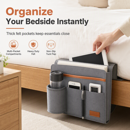 🛏️ Organizzatore da Comodino in Feltro | Tasche Portaoggetti a Parete 📱 | Per Tablet, Cellulare e Libri 📚 | Si Fissa al Letto o al Divano 🛋️