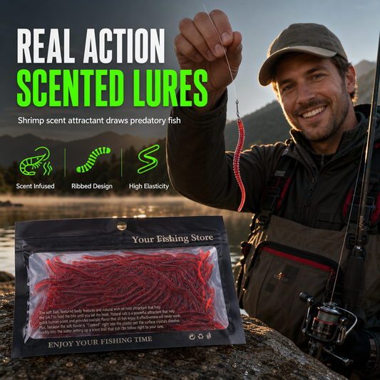 🎣 Esche Morbide a Lombrico per Pesca | Aroma al Gambero e Nuoto Realistico 🐟 | Gomma TPR Elastica Resistente ai Morsi 🛡️ | Fosforescenti, Acqua Dolce e Salata, 8 cm 🌊