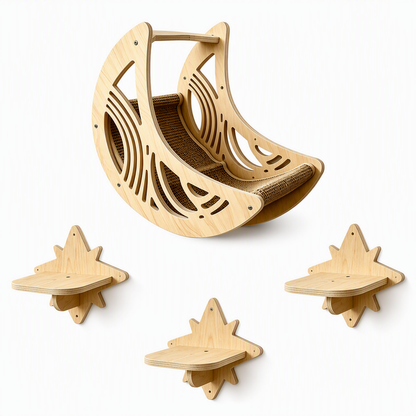 🐱 Percorso di Arrampicata a Parete per Gatti | Casetta e Gradini a Stella 🧗| Amaca a Mezzaluna in Sisal 🌙 | Legno Naturale Massello, Montaggio a Muro 🛠️ | 1 Set 🏠