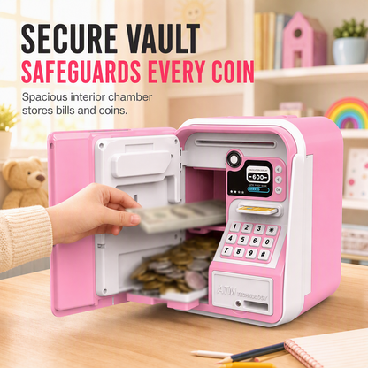 🧒Salvadanaio Elettronico per Bambini a Forma di Bancomat 💰 | Banconote Inserite Automaticamente, Tastierino e Finto Sensore d’Impronta | 4 Colori