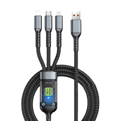 ⚡ Cavo di Ricarica Rapida 3 in 1 Trasparente Luminoso 100W (1.2m) 🔌 | Connettori Type-C, Lightning e Micro-USB 💡 | Cavo Multiplo Universale per Auto, Casa e Viaggio 📱🚗