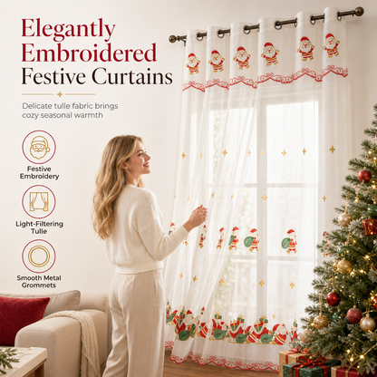 Tenda Natalizia in Tulle Ricamato 🎄❄️ | Filtra la Luce e Decora la Finestra con Motivi Festivi | 5 Stili e 4 Misure