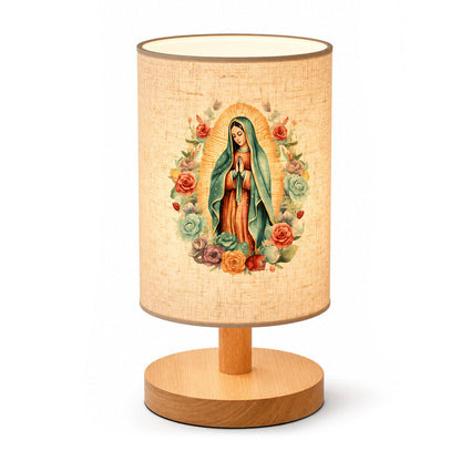 Lampada da Tavolo con Immagine della Vergine Maria 🕯️🌹 | Paralume in Tessuto e Base in Legno | Luce Soffusa per Comodino o Angolo di Preghiera