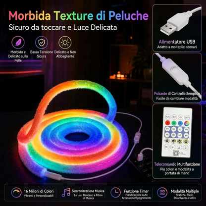 🧸 Striscia LED Neon in Pelliccia Morbida ✨ | Luce RGBIC a 360° e Sincro Musica 🎵 | Controllo via App e Telecomando USB 5V 📱 | Tubo Flessibile per Camera e Gaming 🌈