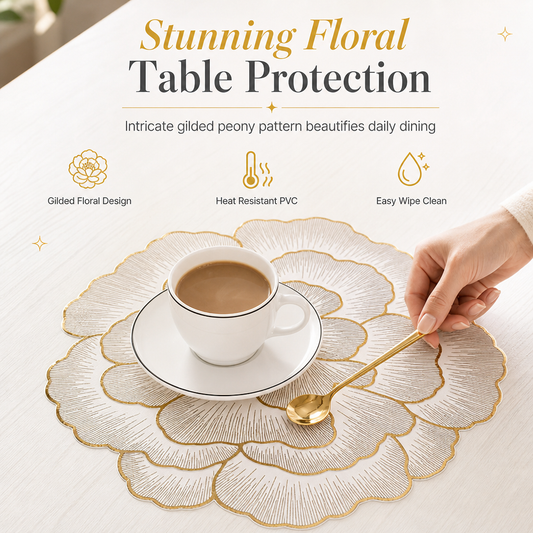 🍽️ Tovaglietta in PVC a Fiore di Peonia ✨ | Traforata Metallizzata in Stile Nordico 🌸 | Termoresistente Impermeabile e Antiscivolo 🛡️ | Sottopiatto Elegante per la Tavola 🥂