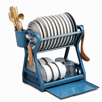 🍽️ Scolapiatti a 2 Livelli Salvaspazio con Vassoio Raccogligocce | Struttura Rinforzata con Portaposate e Ganci | Organizzatore Verticale per Piano Cucina Senza Attrezzi 🥣