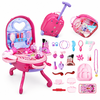 🎀 Valigetta Trolley Toeletta 3-in-1 da Principessa ✨ | Set Gioco Trucco con Specchio e 30+ Accessori 💄 | Postazione Salone di Bellezza Portatile con Ruote per Bambine 👑🧳
